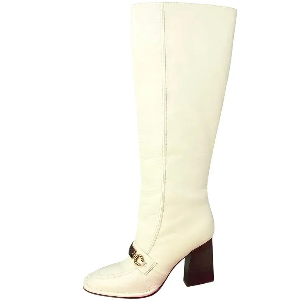 Tory Burch Logo Boots Tall Ivory Genuine Leather Knee High Size 6 Box Bag Incl